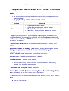 Screenshot for Environmental Risk: Asthma Risk Assessment Activity