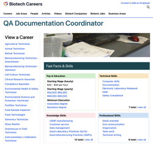 Screenshot for Biotech Careers: QA Documentation Coordinator