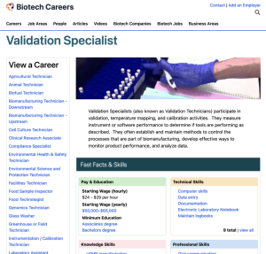 Screenshot for Biotech Careers: Validation Specialist