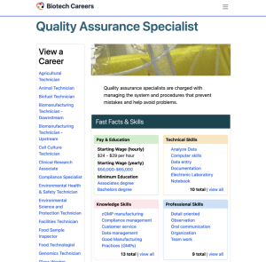 Screenshot for Biotech Careers: Quality Assurance Specialist