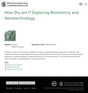 Screenshot for How Dry am I? Exploring Biomimicry and Nanotechnology Lesson