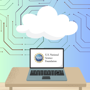 a cloud with a network coming out of it and a laptop with the NSF logo 