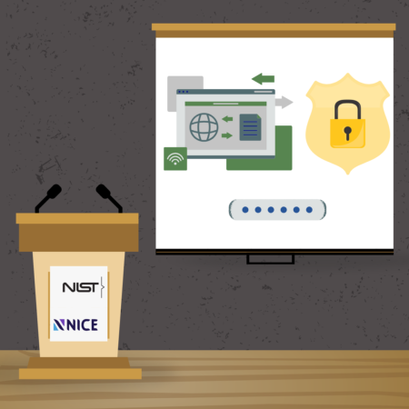 image of a conference podium with a presentation that has a lock, password, and computer window graphics on it