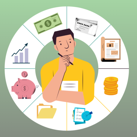 Man budgeting with icons of money, coins, bills, graphs, and spreadsheet behind her