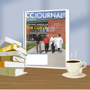 Cover of the Community College journal with some books and a cup of coffee