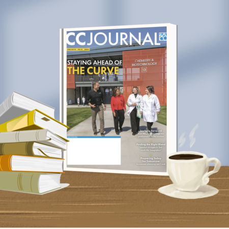 Cover of the Community College journal with some books and a cup of coffee