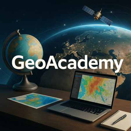 GeoAcademy word with a picture of the world and a globe behind it