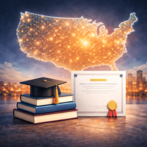 image of the united states with some books and a certificate 
